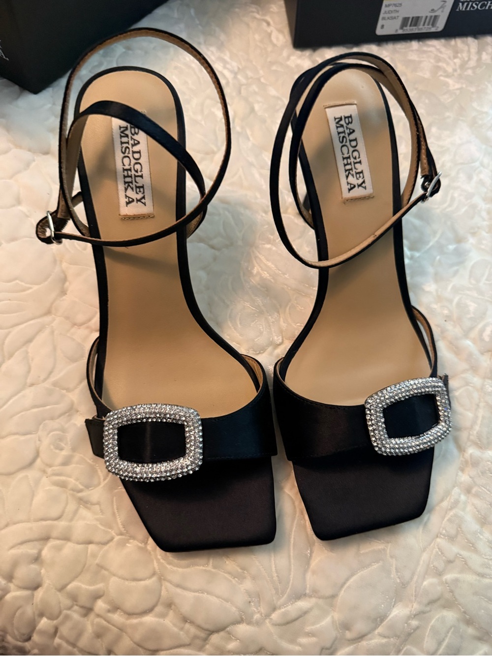 Badgley Mischka Black Satin Ankle-Strap Heels with Crystal Buckle